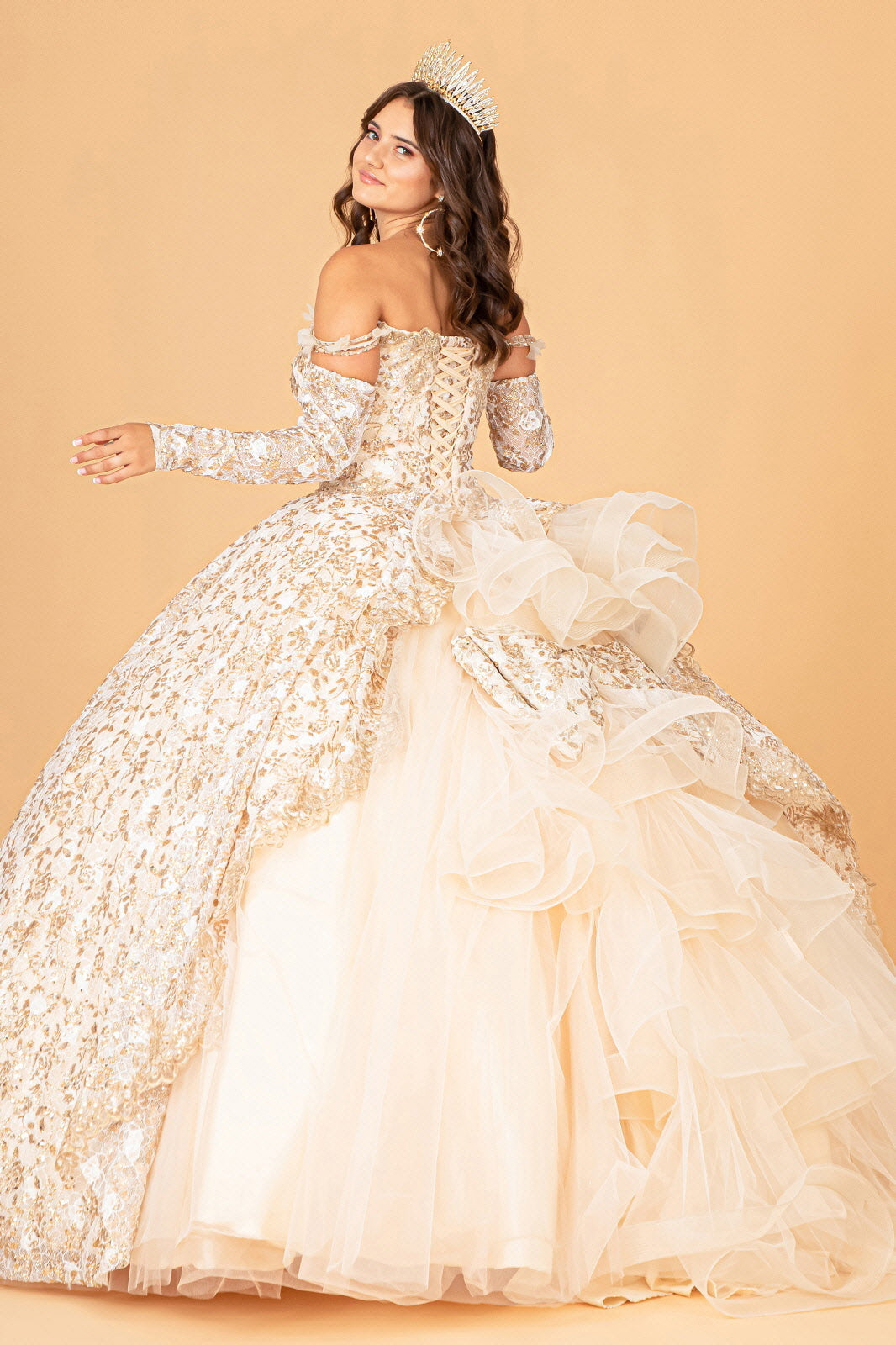 Mesh Detachable Long Sleeves w/ Detachable Ribbon and Ruffled Train Quinceanera Dress GLGL3072