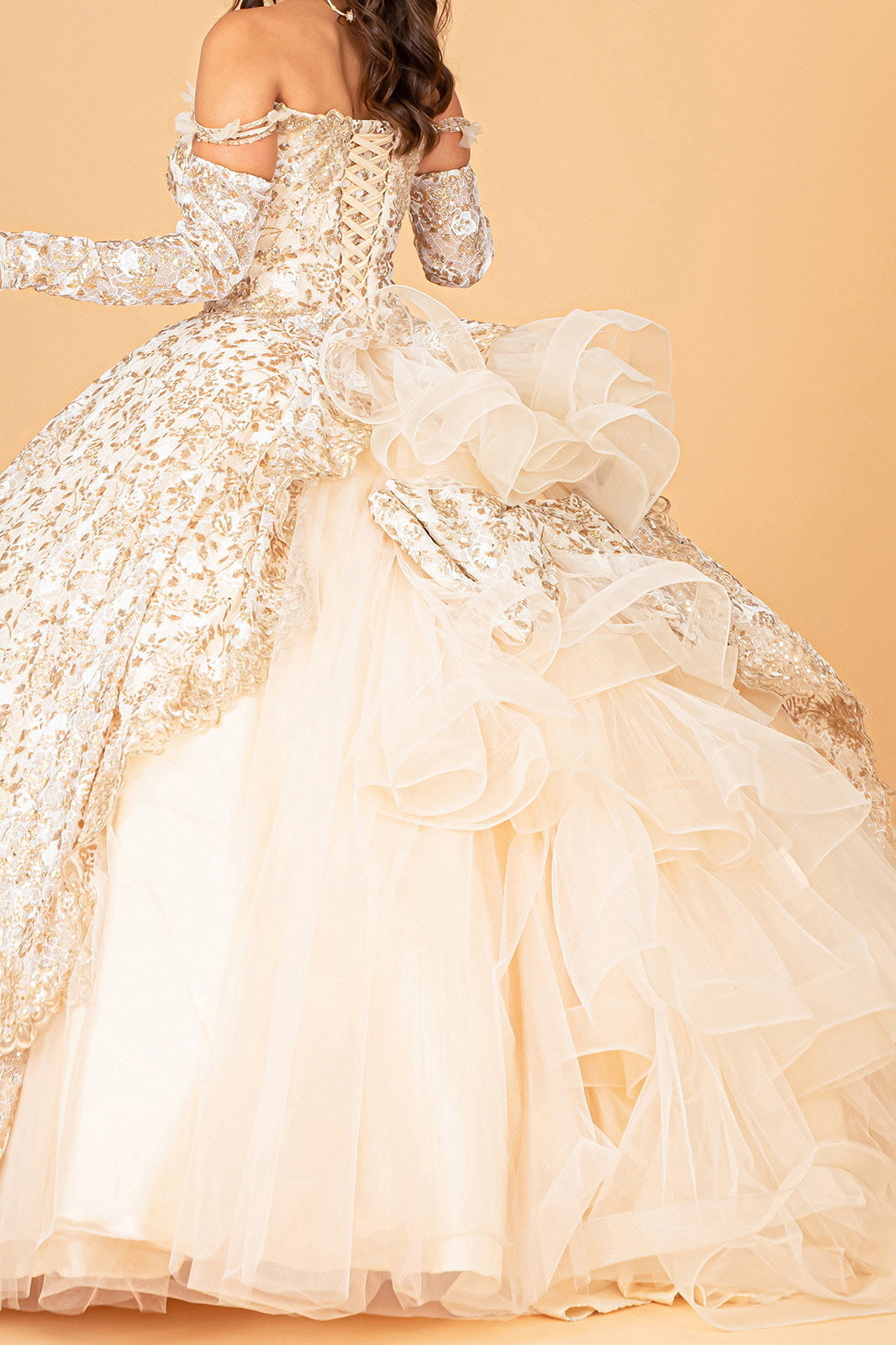 Mesh Detachable Long Sleeves w/ Detachable Ribbon and Ruffled Train Quinceanera Dress GLGL3072