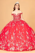 Embroidered Off Shoulder Mesh w/ Separate Long Sleeves Quinceanera Dress GLGL3074