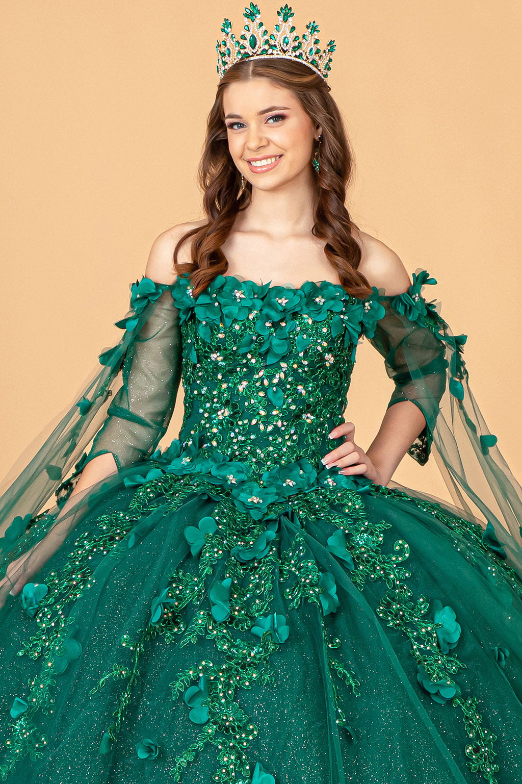 Off Shoulder Mesh w/ Shoulder Side Mesh Drapes Quinceanera Dress GLGL3075