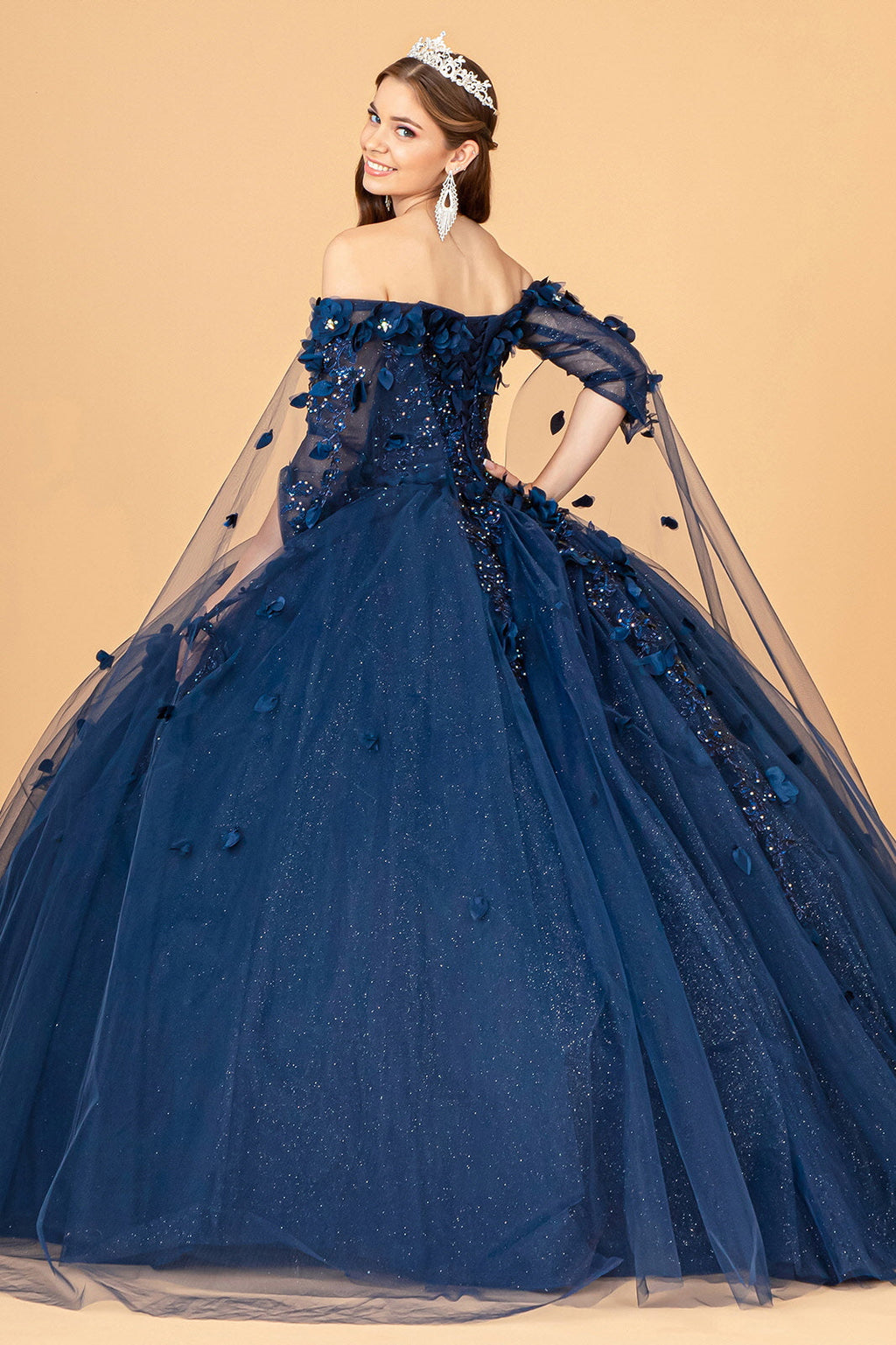 Off Shoulder Mesh w/ Shoulder Side Mesh Drapes Quinceanera Dress GLGL3075