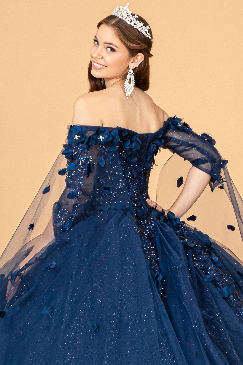 Off Shoulder Mesh w/ Shoulder Side Mesh Drapes Quinceanera Dress GLGL3075