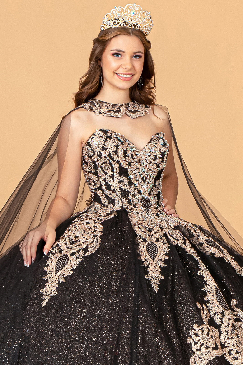Glitter Jewel Embellished w/ Long Mesh Cape Quinceanera Dress GLGL3078