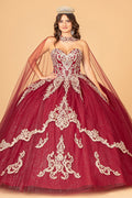 Glitter Jewel Embellished w/ Long Mesh Cape Quinceanera Dress GLGL3078