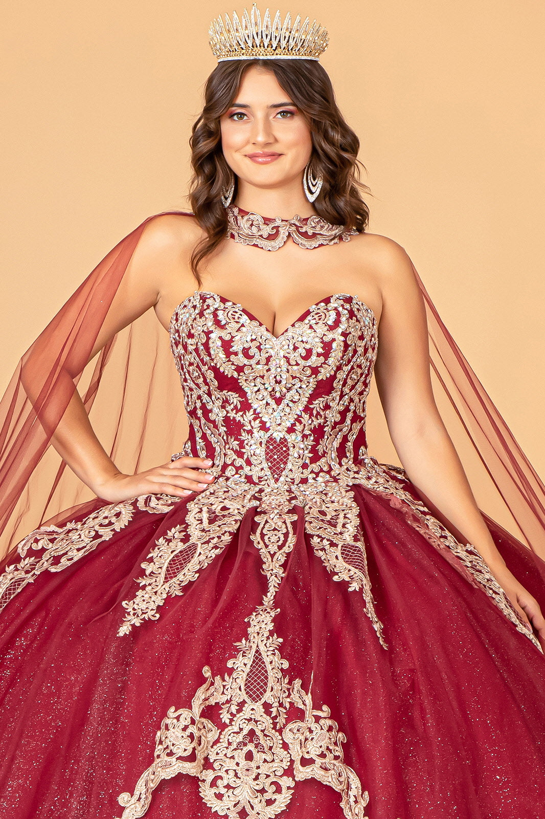 Glitter Jewel Embellished w/ Long Mesh Cape Quinceanera Dress GLGL3078