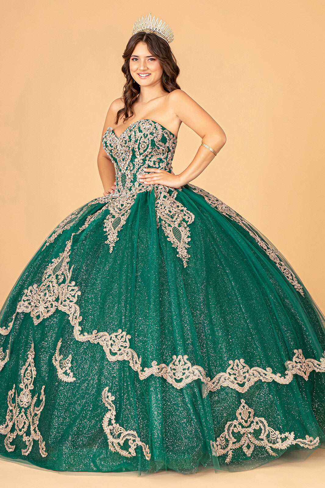 Glitter Jewel Embellished w/ Long Mesh Cape Quinceanera Dress GLGL3078