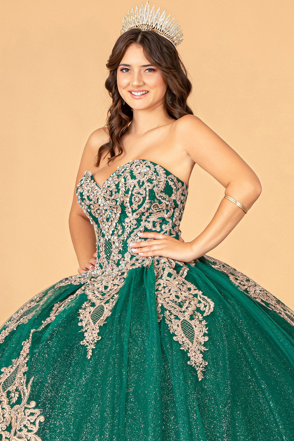 Glitter Jewel Embellished w/ Long Mesh Cape Quinceanera Dress GLGL3078