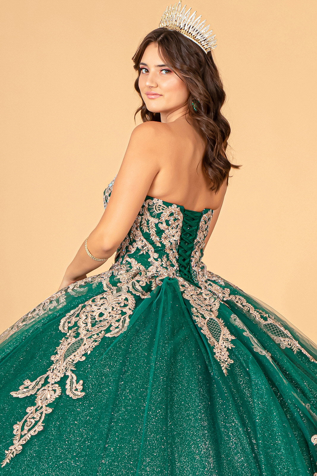 Glitter Jewel Embellished w/ Long Mesh Cape Quinceanera Dress GLGL3078