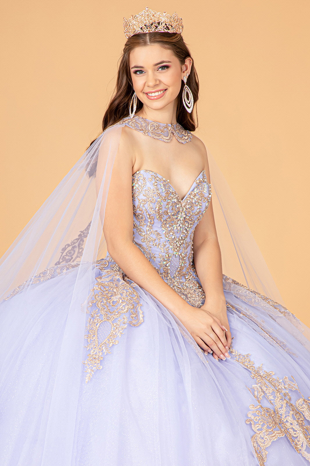 Glitter Jewel Embellished w/ Long Mesh Cape Quinceanera Dress GLGL3078