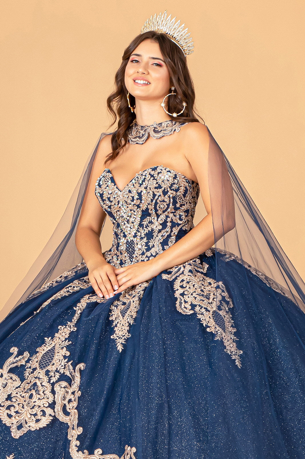 Glitter Jewel Embellished w/ Long Mesh Cape Quinceanera Dress GLGL3078