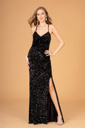Halter Neck Velvet Sequin w/ Ruched Bodice Long Prom Dress GLGL3080