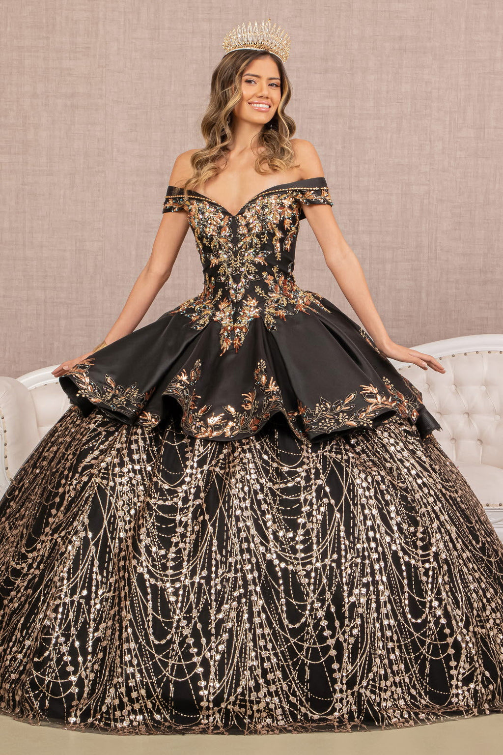 Off Shoulder Satin Quinceanera Embellished with Gold Embroidery Ball Dress GLGL3098