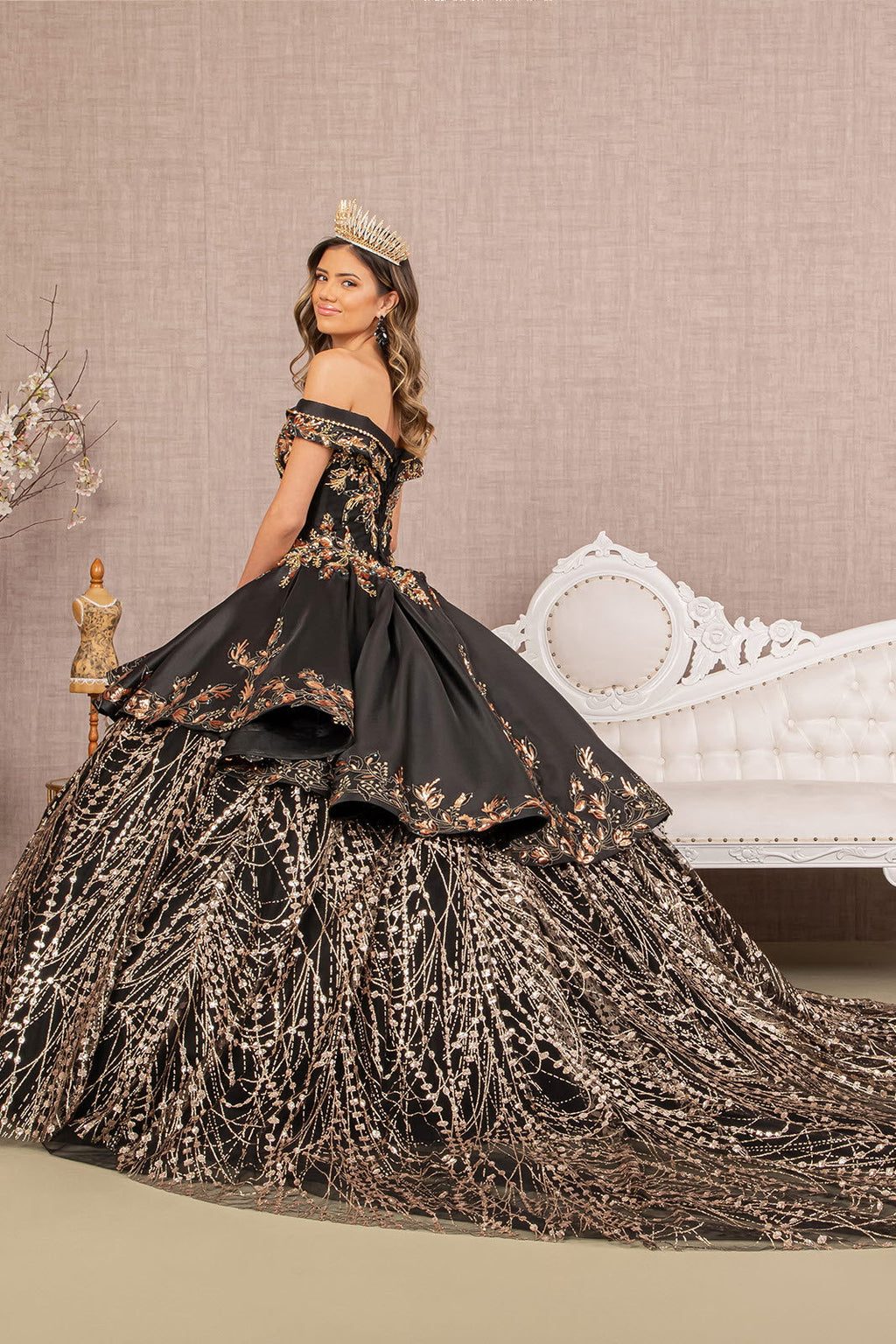 Off Shoulder Satin Quinceanera Embellished with Gold Embroidery Ball Dress GLGL3098