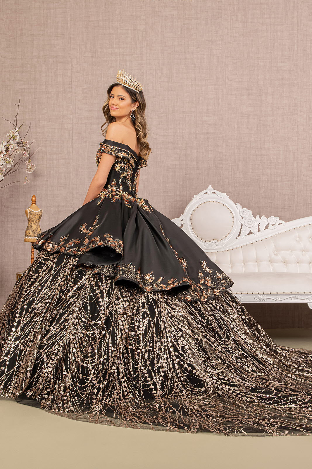 Off Shoulder Satin Quinceanera Embellished with Gold Embroidery Ball Dress GLGL3098