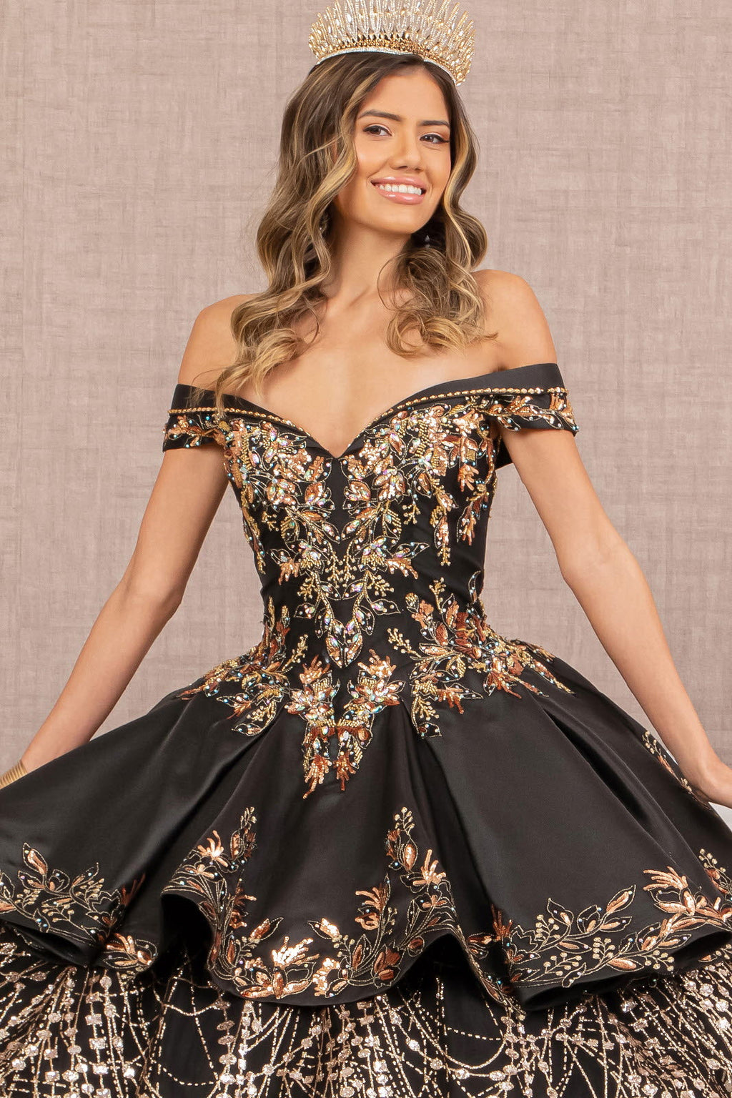 Off Shoulder Satin Quinceanera Embellished with Gold Embroidery Ball Dress GLGL3098