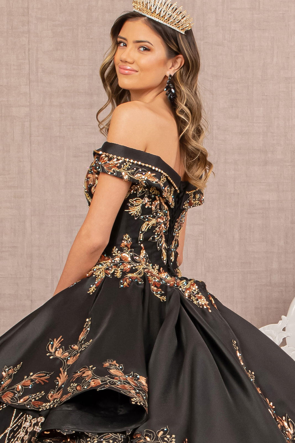 Off Shoulder Satin Quinceanera Embellished with Gold Embroidery Ball Dress GLGL3098