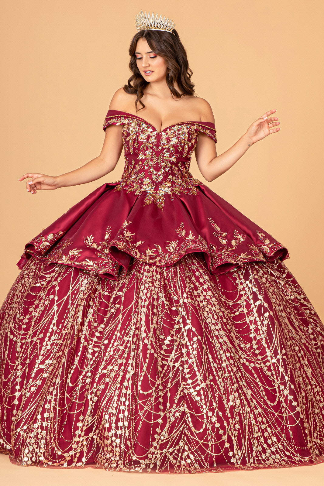 Off Shoulder Satin Quinceanera Embellished with Gold Embroidery Ball Dress GLGL3098