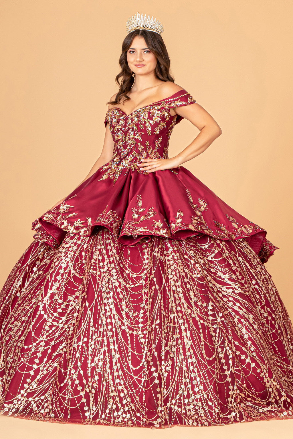 Off Shoulder Satin Quinceanera Embellished with Gold Embroidery Ball Dress GLGL3098