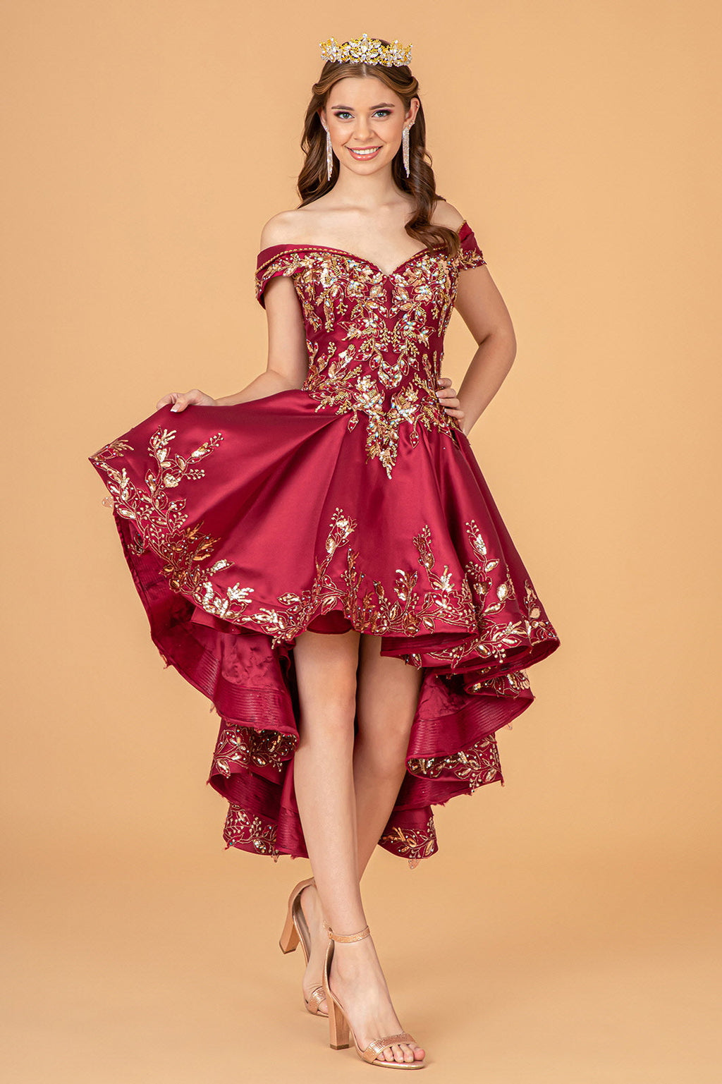 Off Shoulder Satin Quinceanera Embellished with Gold Embroidery Ball Dress GLGL3098