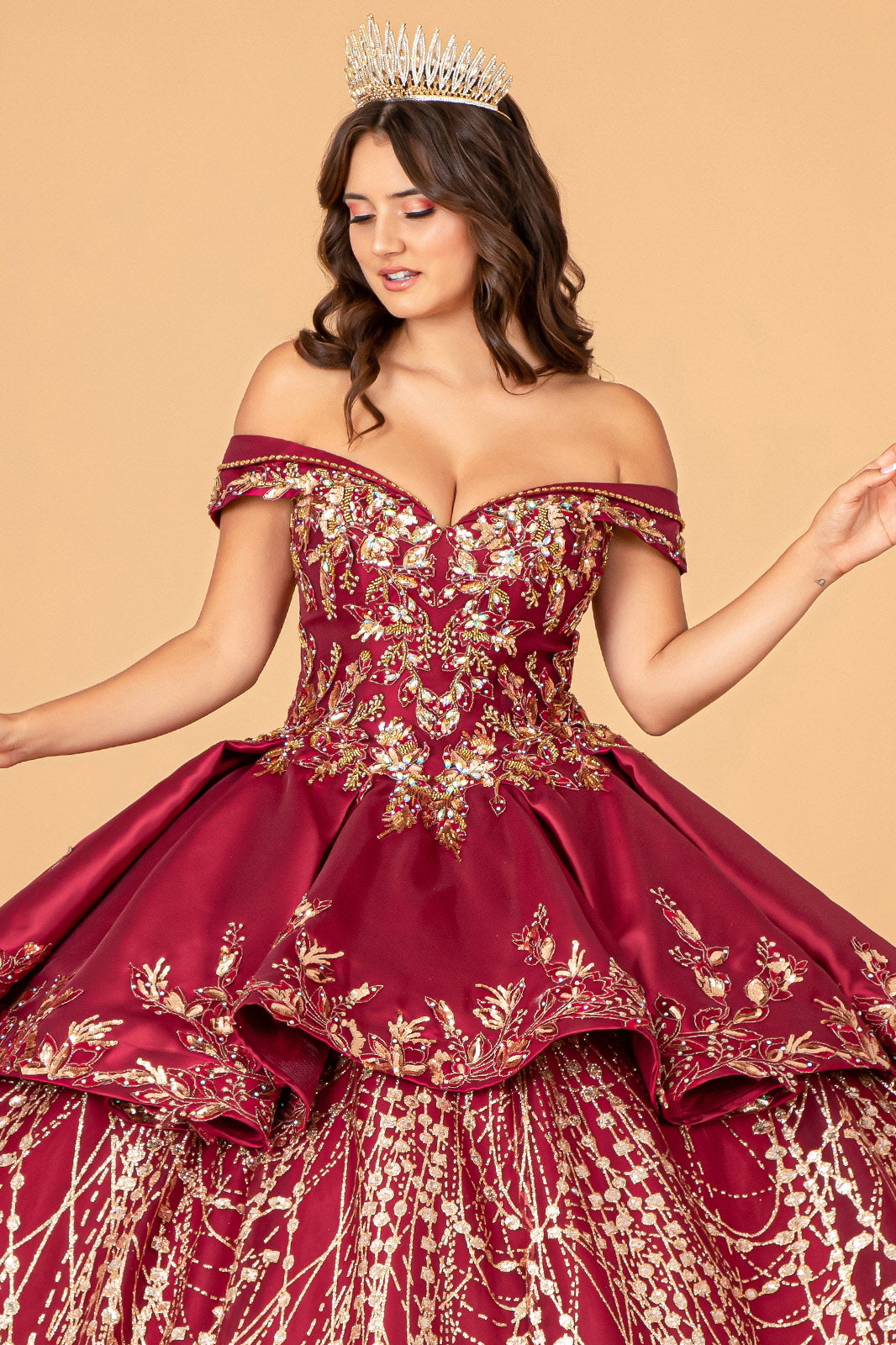 Off Shoulder Satin Quinceanera Embellished with Gold Embroidery Ball Dress GLGL3098