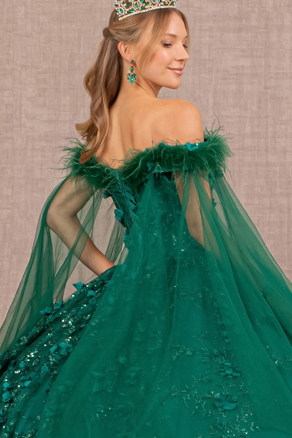 Mesh w/ Side Drape and Detachable Feather Embellishment Quinceanera Dress GLGL3101