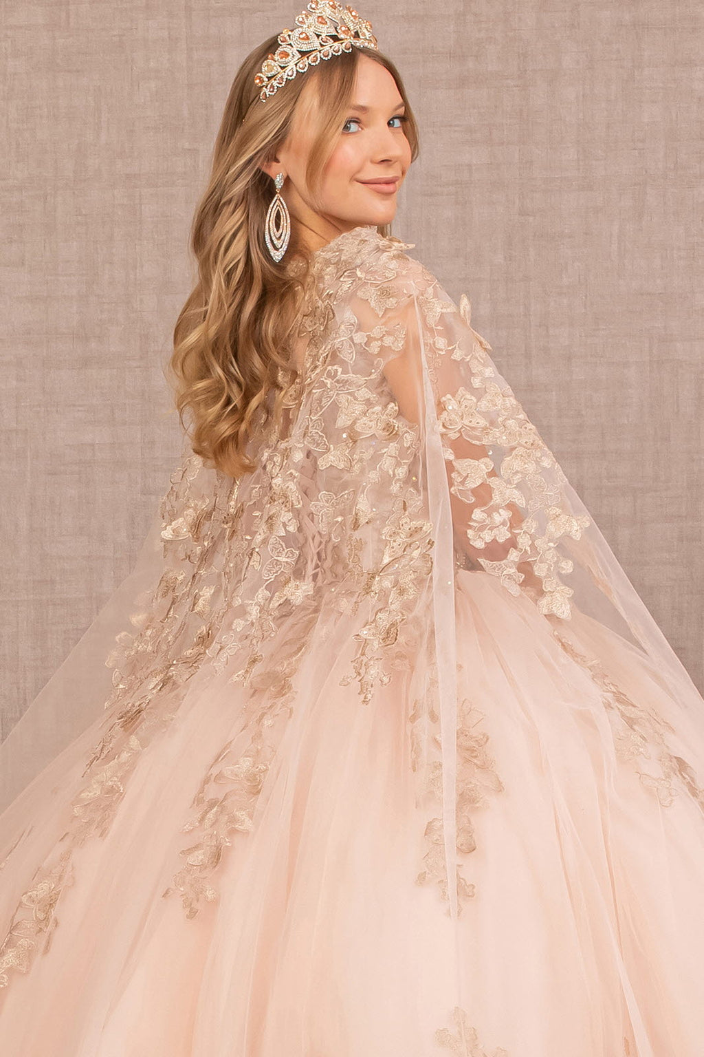 Jewel Mesh w/ 3D Butterfly Appliques and Long Mesh Cape Quinceanera Dress GLGL3104