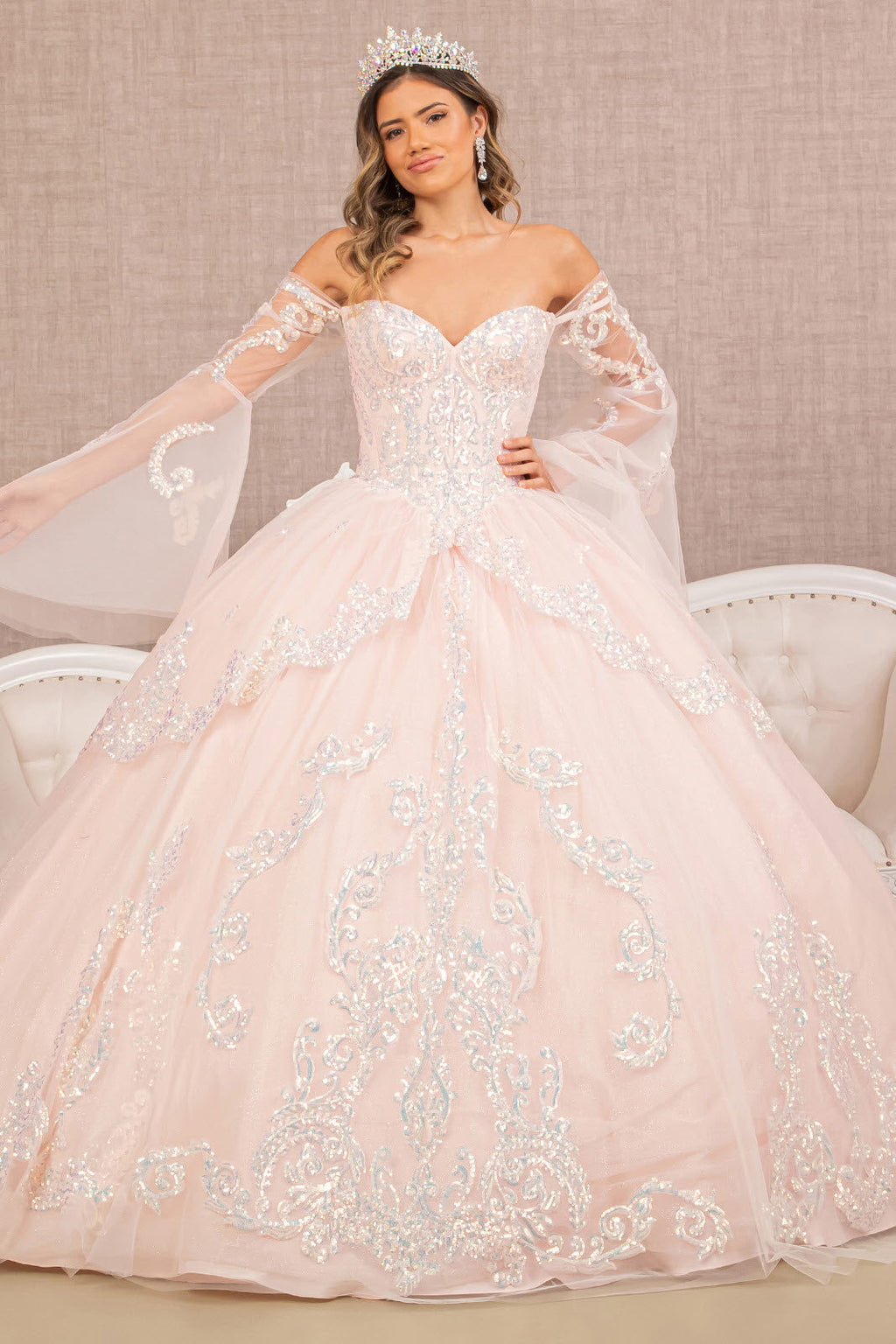 Glitter Layered Hem w/ Long Mesh Sleeves Quinceanera Dress GLGL3109