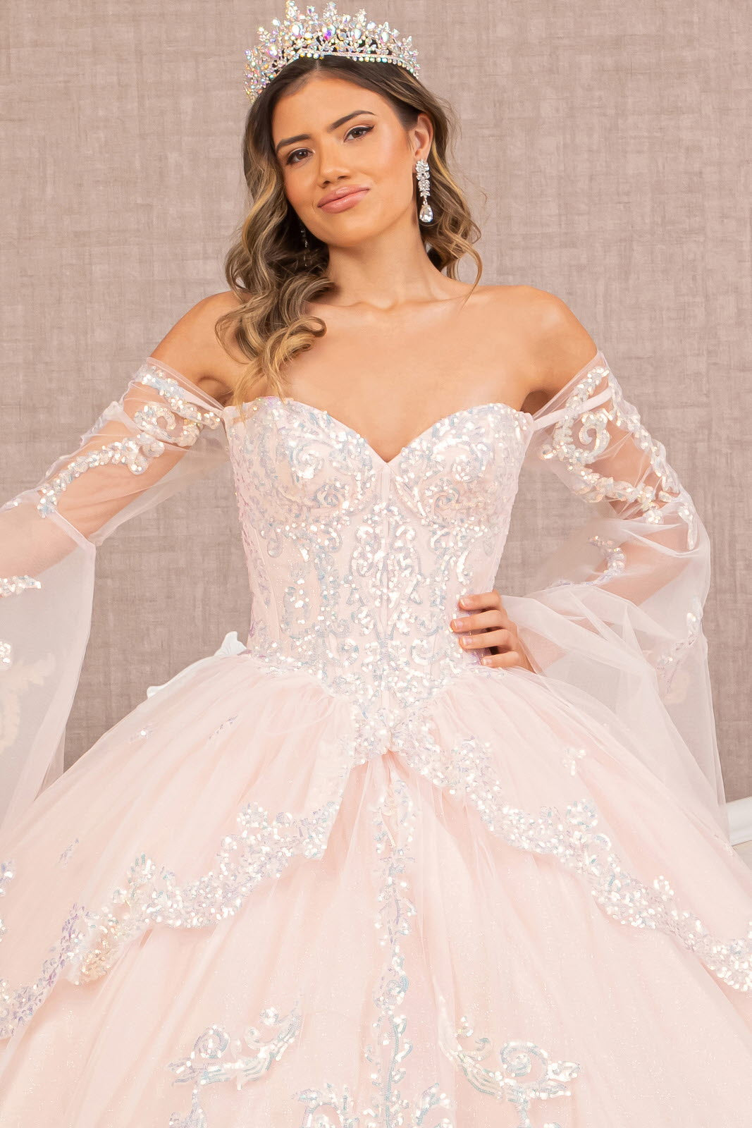 Glitter Layered Hem w/ Long Mesh Sleeves Quinceanera Dress GLGL3109