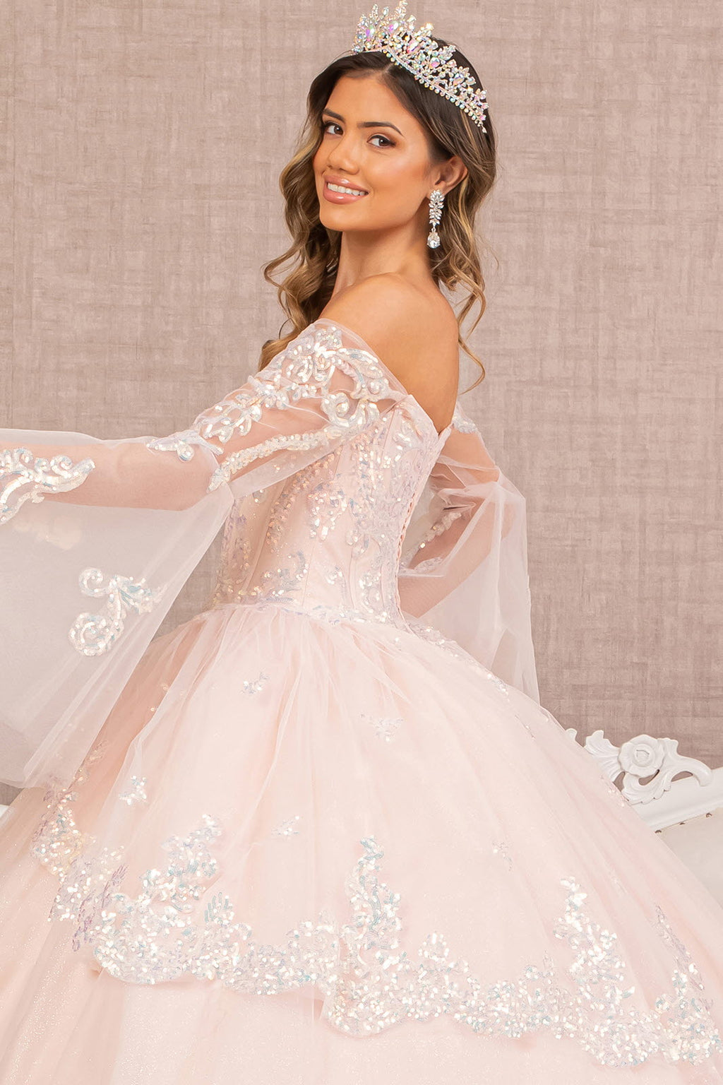 Glitter Layered Hem w/ Long Mesh Sleeves Quinceanera Dress GLGL3109