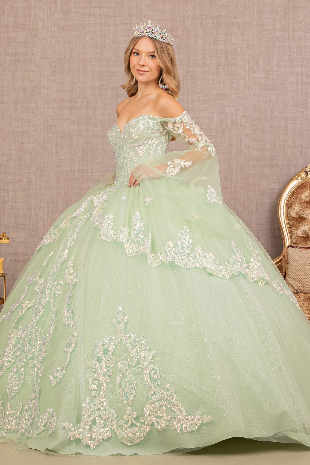Glitter Layered Hem w/ Long Mesh Sleeves Quinceanera Dress GLGL3109