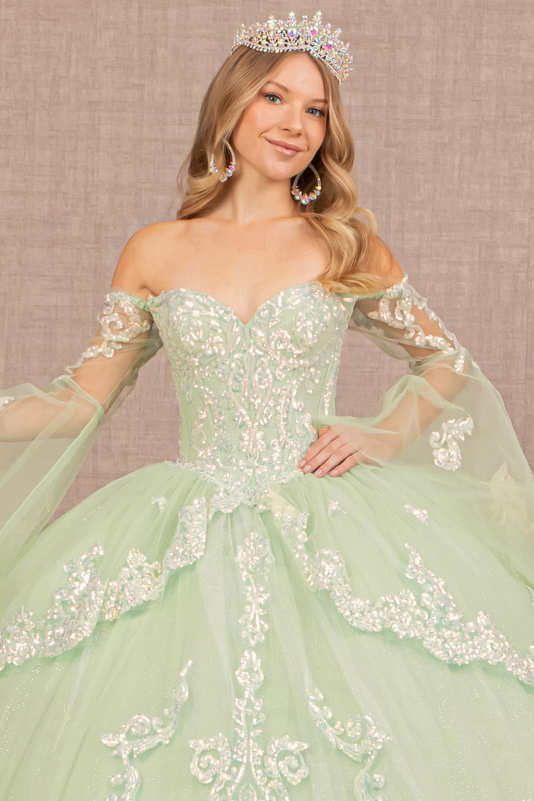 Glitter Layered Hem w/ Long Mesh Sleeves Quinceanera Dress GLGL3109