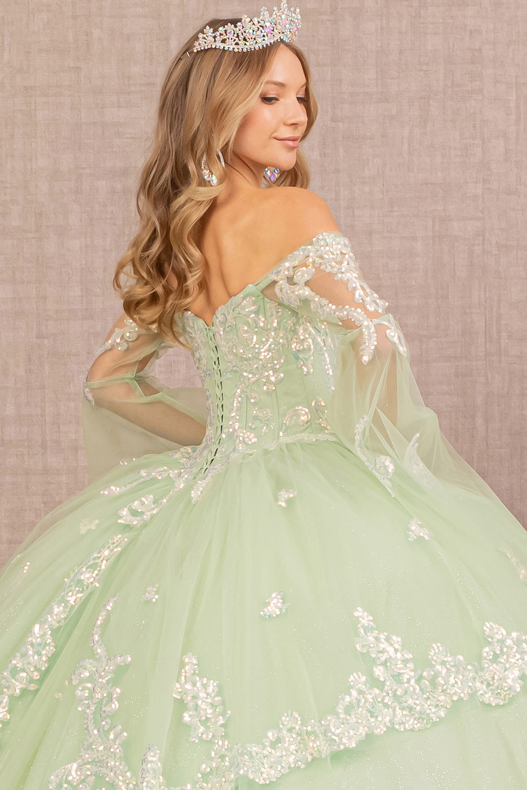 Glitter Layered Hem w/ Long Mesh Sleeves Quinceanera Dress GLGL3109