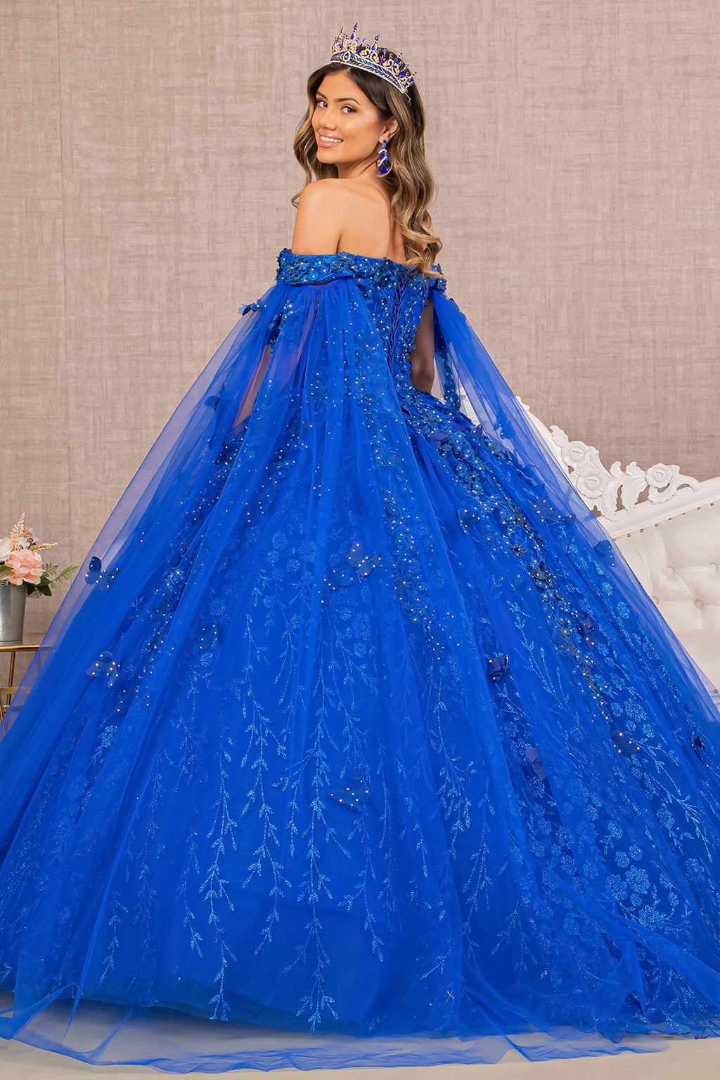 Embroidery Glitter w/ Long Mesh Layer Quinceanera Dress GLGL3111