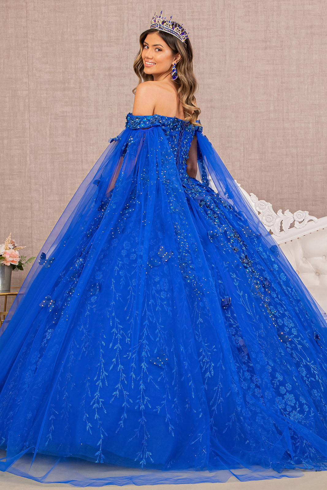 Embroidery Glitter w/ Long Mesh Layer Quinceanera Dress GLGL3111