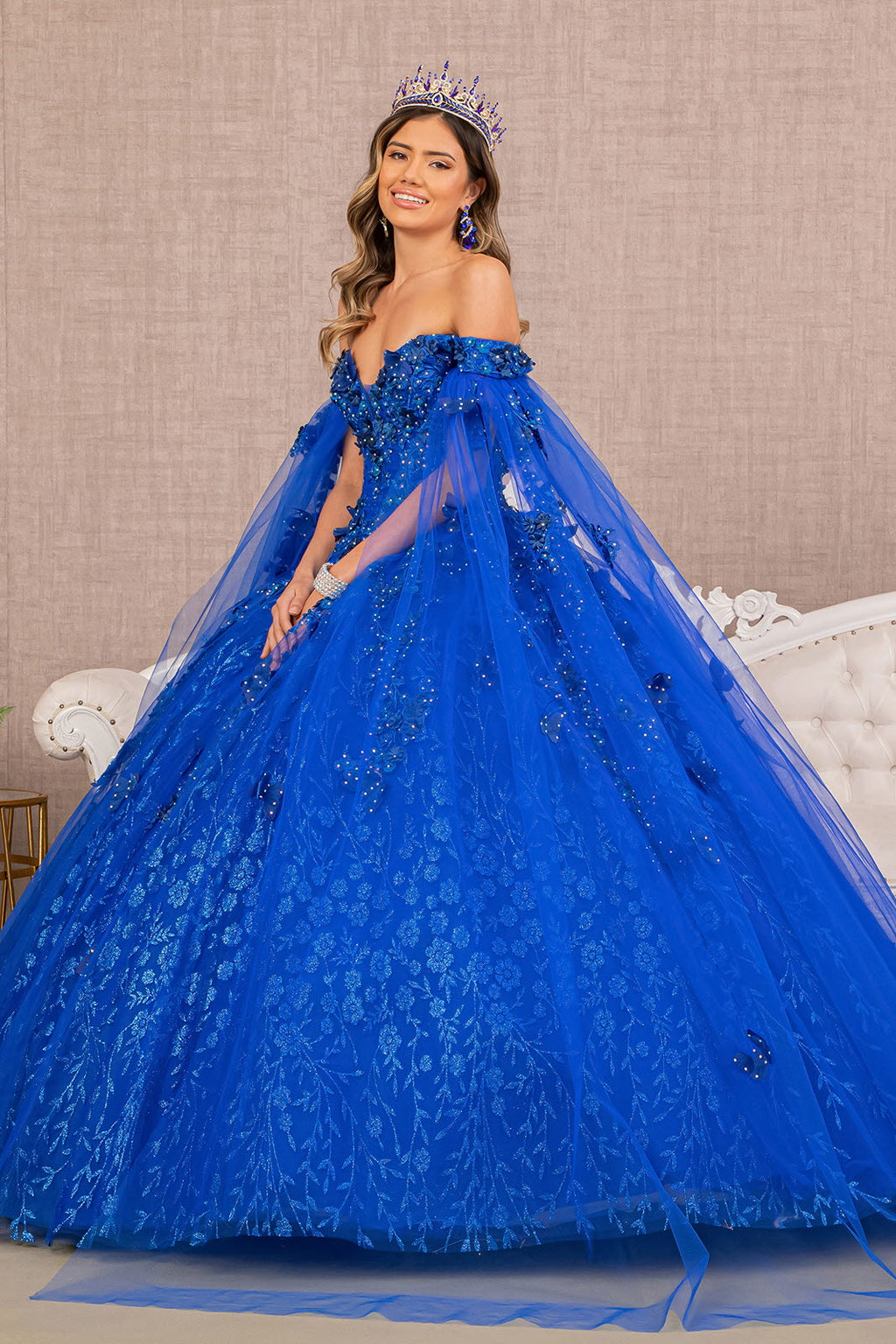 Embroidery Glitter w/ Long Mesh Layer Quinceanera Dress GLGL3111