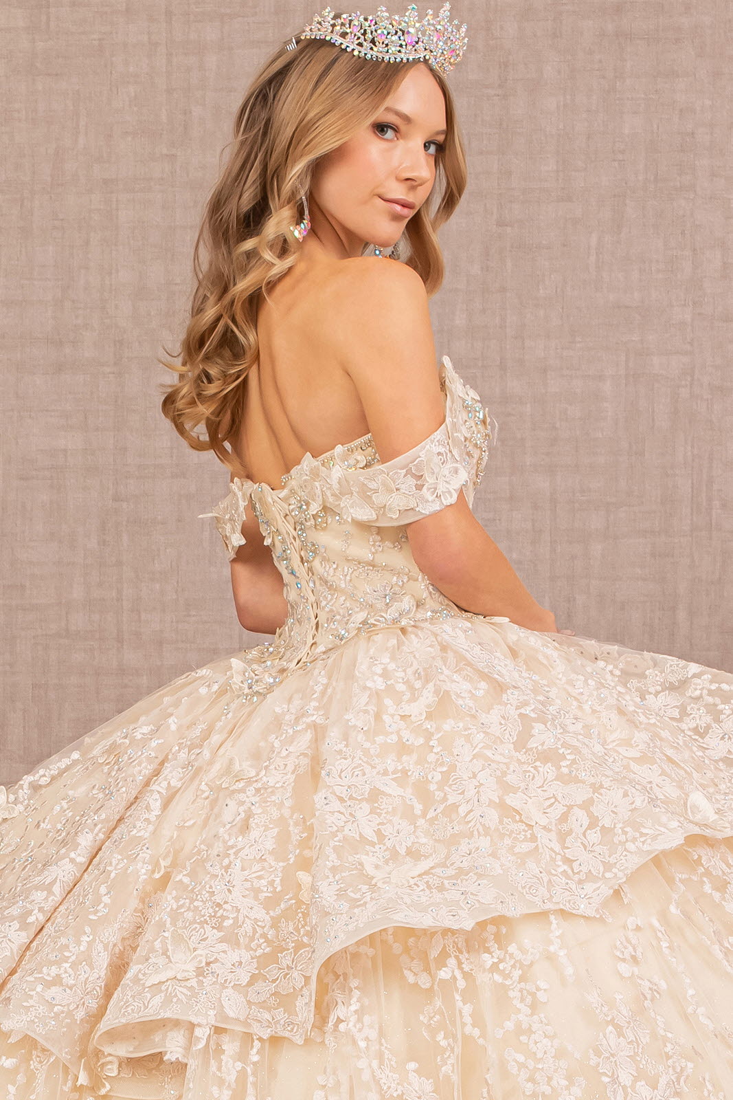 Jewel 3D Butterfly Applique Off Shoulder Mesh Quinceanera Dress GLGL3112