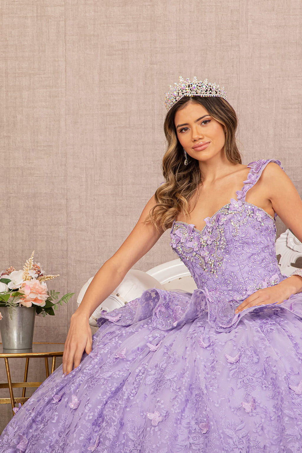 Jewel 3D Butterfly Applique Off Shoulder Mesh Quinceanera Dress GLGL3112