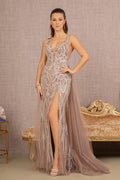 Embroidery Sheer Side Mermaid w/ Detachable Waist Mesh Layer Long Prom Dress GLGL3115