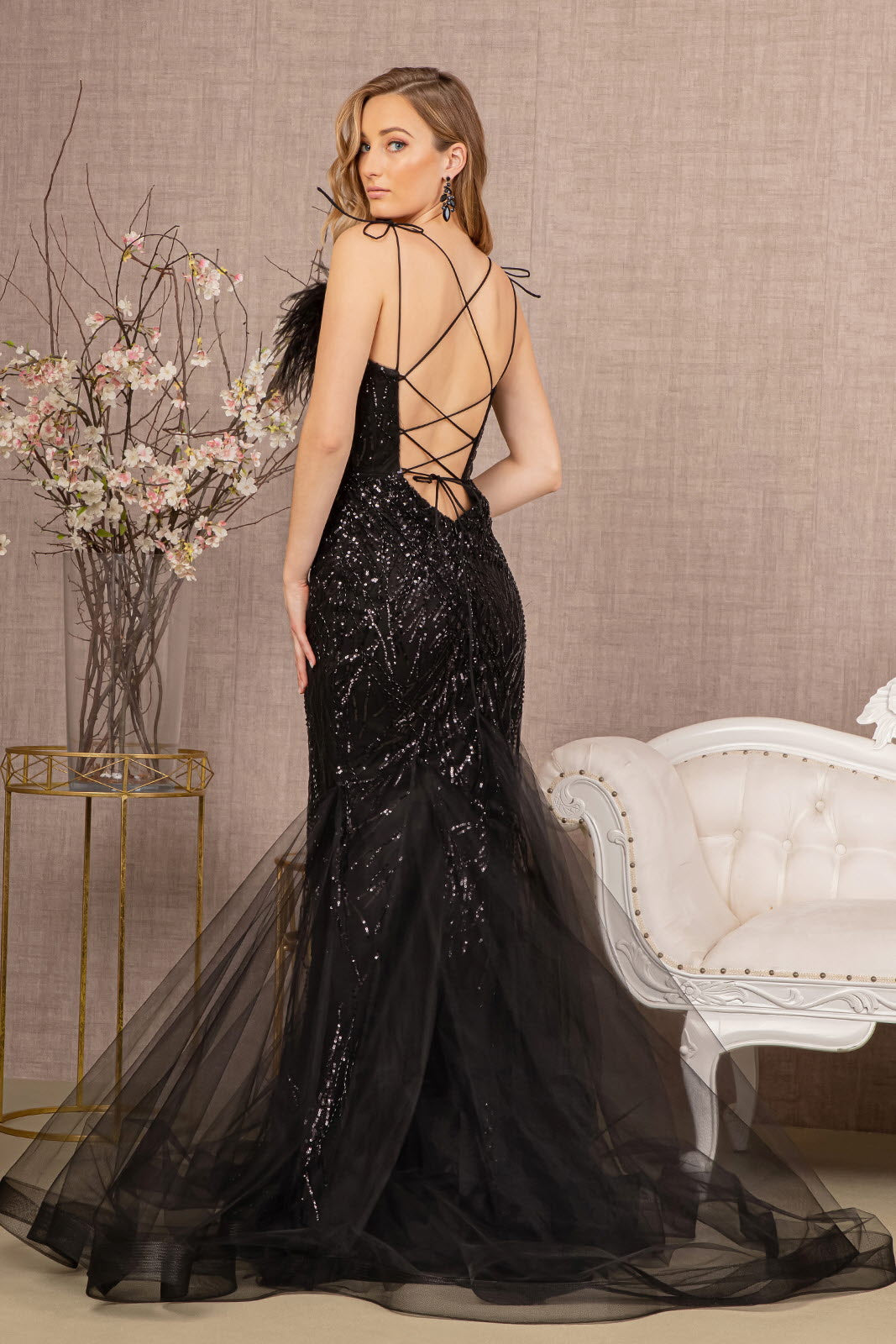 Sequin Sweetheart Mesh Trumpet w/ Feather Embellishment Long Prom Dress GLGL3117