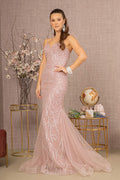 Sequin Bead Lace-up Back Trumpet w/ Mesh Tail Long Prom Dress GLGL3121