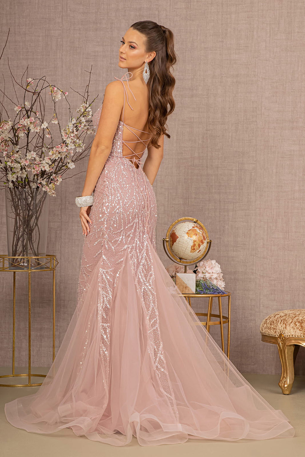 Sequin Bead Lace-up Back Trumpet w/ Mesh Tail Long Prom Dress GLGL3121