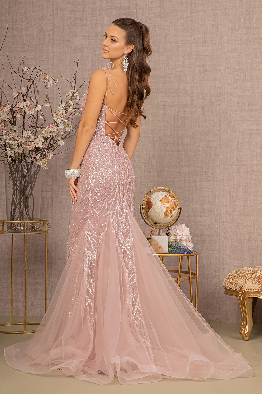 Sequin Bead Lace-up Back Trumpet w/ Mesh Tail Long Prom Dress GLGL3121