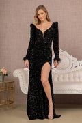 Puff Shoulder 3/4 Sleeves Feather Velvet Mermaid Long Prom Dress GLGL3122