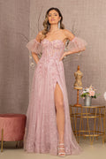 Strapless Sheer Bodice Mesh A-Line w/ Detachable Short Mesh Sleeves Long Prom Dress GLGL3126
