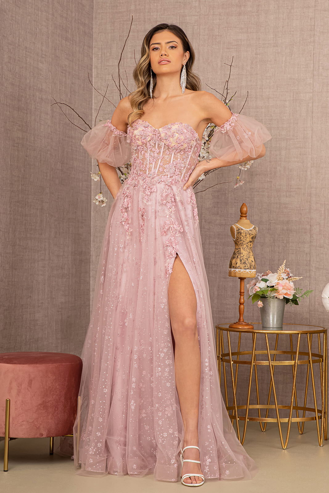 Strapless Sheer Bodice Mesh A-Line w/ Detachable Short Mesh Sleeves Long Prom Dress GLGL3126