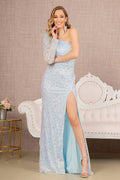 Feather Sequin Asymmetric Long Sleeve Mesh Mermaid Long Prom Dress GLGL3128