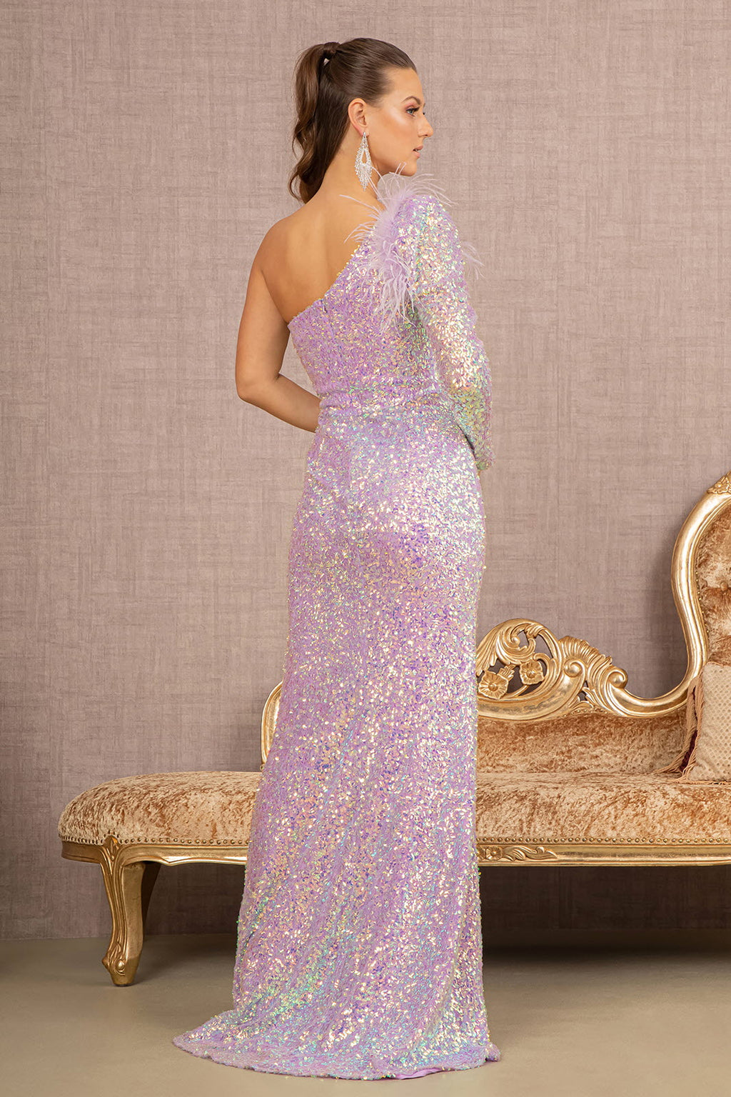 Feather Sequin Asymmetric Long Sleeve Mesh Mermaid Long Prom Dress GLGL3128