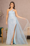 Sequin Glitter Asymmetric Mermaid w/ Long Waist Mesh Layer Long Prom Dress GLGL3133