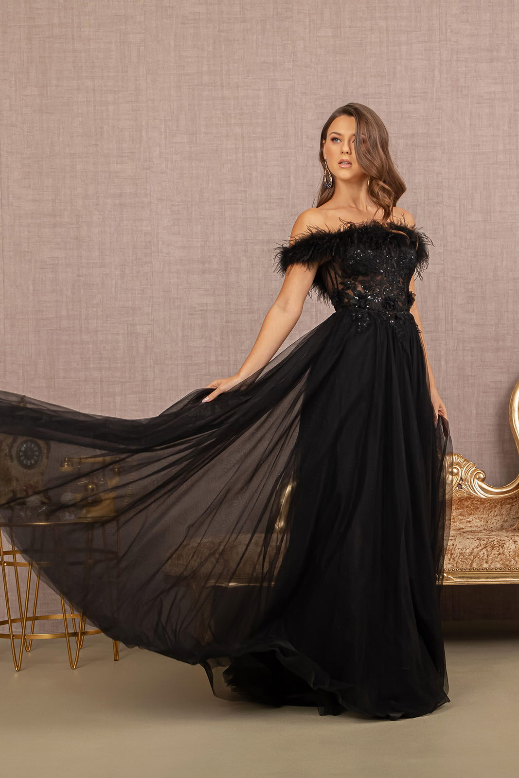 Embroidery Sheer Front Mesh A-line w/ Feather Embellishment Long Prom Dress&nbsp; GLGL3138