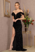Sequin Cut-away Shoulder Velvet Mermaid w/ Wide Side Slit Long Prom Dress GLGL3149